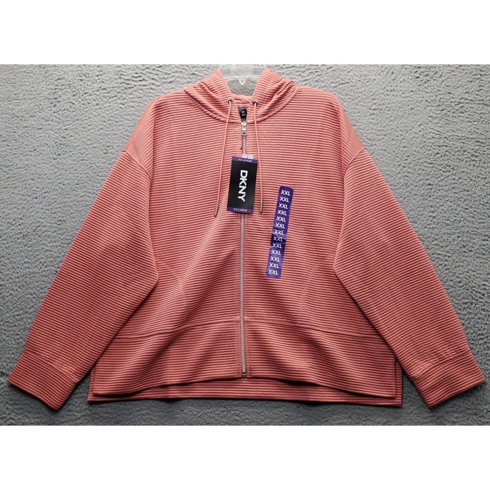 DKNY Hooded Jacket Womens XXL Pink Ribbed Soft Ottoman Tech Pockets Full‎ Zip